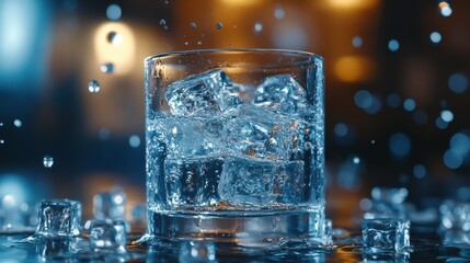 Artistic representation of melting ice cubes in a glass, with droplets forming on the sides, creating a refreshing and inviting scene.