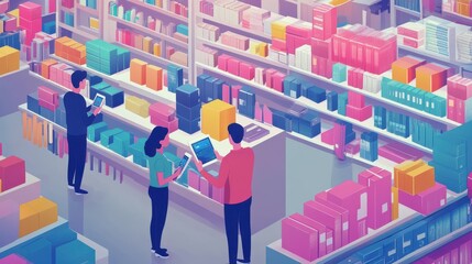 Charming illustration of employees scanning items with handheld devices, emphasizing technology's role in modern inventory management.