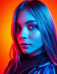 Naklejka premium portrait of blonde woman with studio light and orange background 7