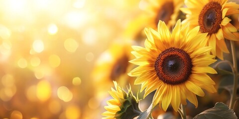 Obraz premium Vibrant sunflowers bathed in golden sunlight bring warmth and joy. Their bright yellow petals glow against a softly blurred background. Perfect for nature themes. AI