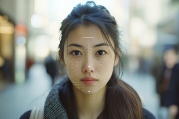 A close-up of a woman’s face with digital facial mapping technology during the day in an urban setting