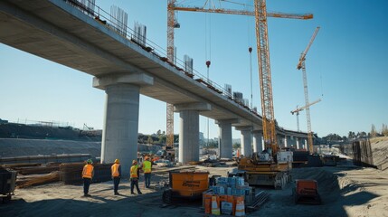 A construction team working to install support columns for an elevated road,