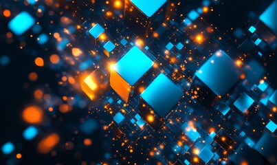 Abstract technology background with glowing blue cubes and orange lights