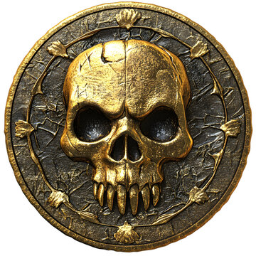 Ancient Golden Coin with Skull Emblem and Ornate Details