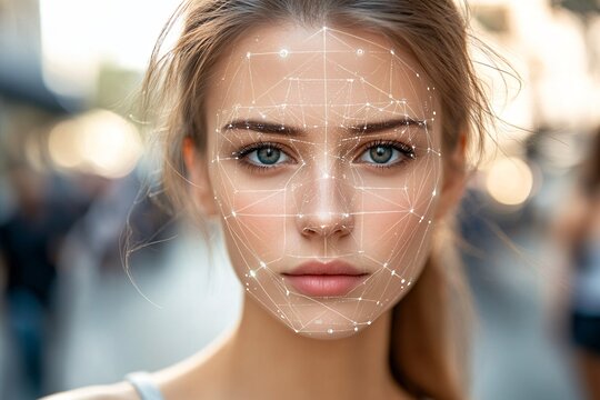 A close-up of a woman’s face with digital facial mapping technology during the day in an urban setting