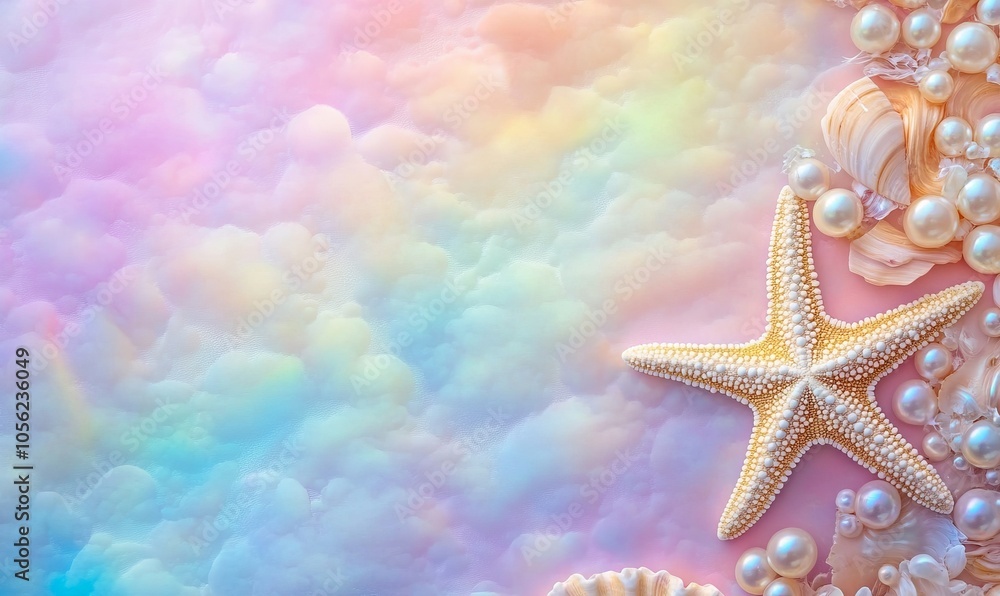 Poster abstract summer nature composition with a starfish and pearl seashell border set against a backgroun