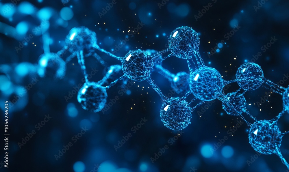 Poster abstract representation of a molecular structure in vibrant blue tones, symbolizing science and tech
