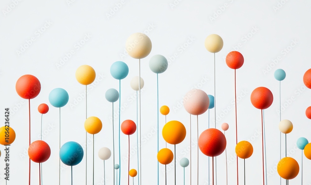 Poster abstract minimalist concept art of business engagement featuring colorful spheres on thin stems, cre