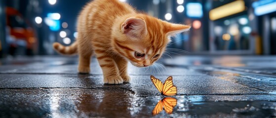 Cute Kitten Looking at Butterfly on Wet Pavement in City at Night