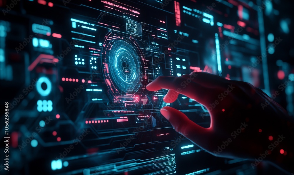 Aufkleber abstract digital interface with glowing elements and hand touch