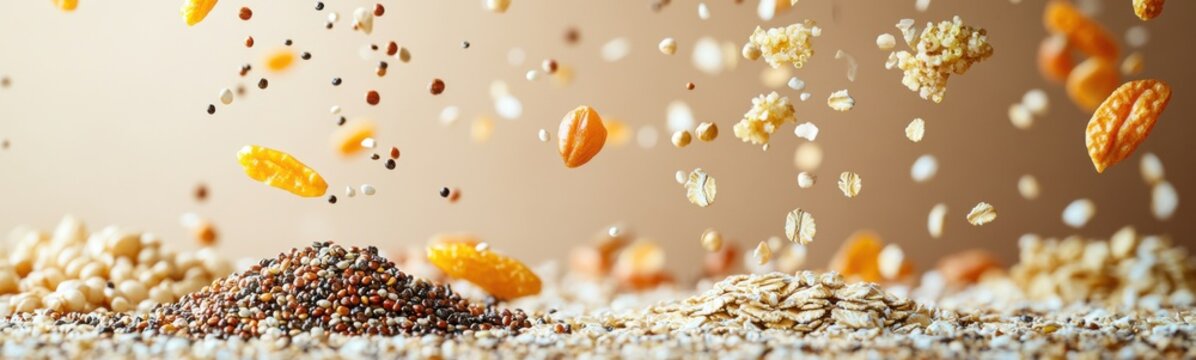 Many different grains and cereals falling from the sky