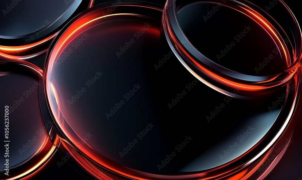 Poster abstract composition of glossy circular objects with glowing edges, creating a modern and futuristic