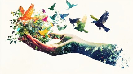 A majestic hand of God holding a floating Eden garden, with vibrant multi-colored