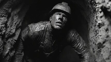 A miner emerging from an underground tunnel, covered