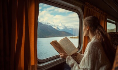 Fototapeta premium A woman is reading a book in a train window with a beautiful view of the mountain