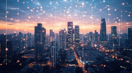 Fototapeta premium A modern city skyline at dusk, illuminated by lights powered