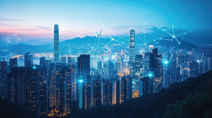 A modern city skyline at dusk, illuminated by lights powered
