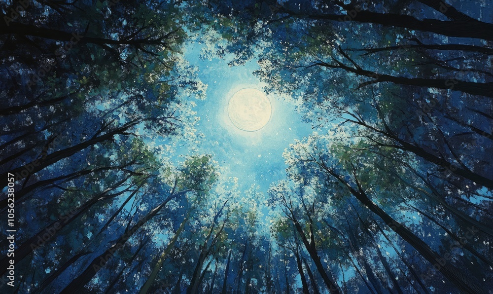 Poster a view looking up through a dense canopy of trees with moonlight filtering through the leaves, casti