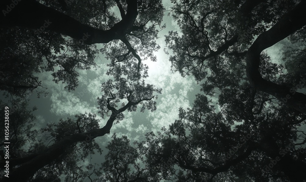 Poster a view looking up through a dense canopy of trees with moonlight filtering through the leaves, casti