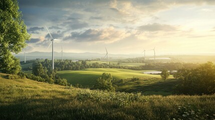 A panoramic view of a renewable energy park, combining wind,