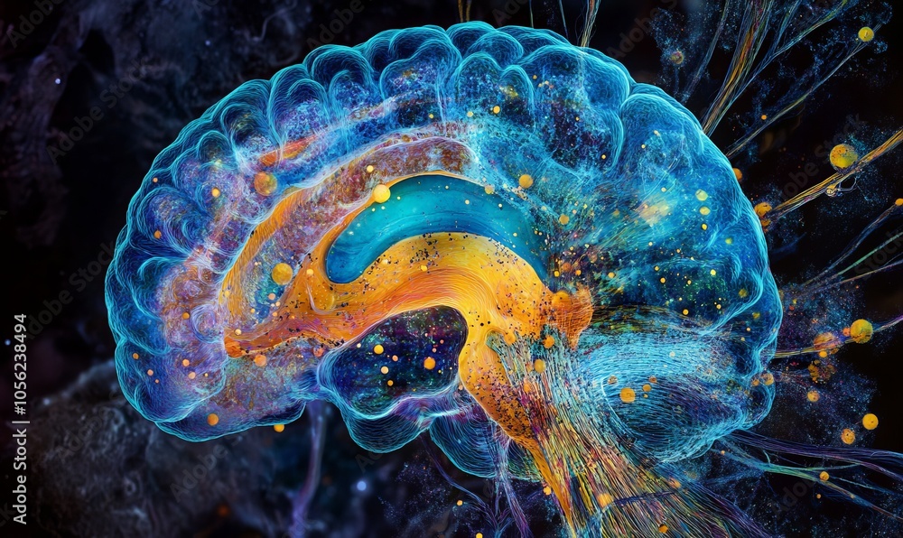 Poster a vibrant and colorful representation of a brain, showcasing intricate details and neural connection