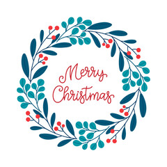 Merry Christmas. Christmas card with a wreath of branches, berries and an inscription with in the Scandinavian style. © Елена Хмельнюк