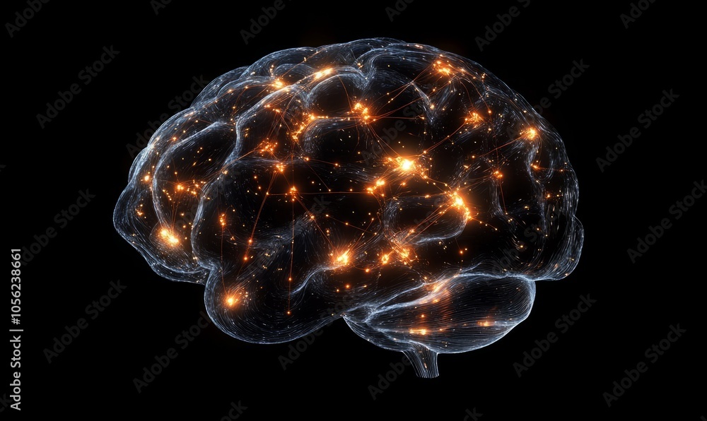 Poster a top-down view of the human brain with glowing neural connections symbolizing complex thought proce