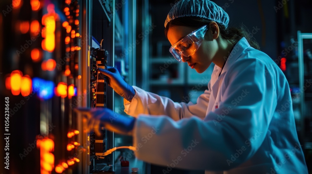 Poster a scientist in a lab working on a cutting-edge battery storage system,