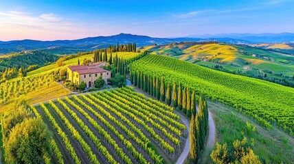 A scenic Tuscan landscape, rolling hills bathed in the golden light of late afternoon, vineyards and olive trees extending into the distance Picturesque, Realism, Warm tones