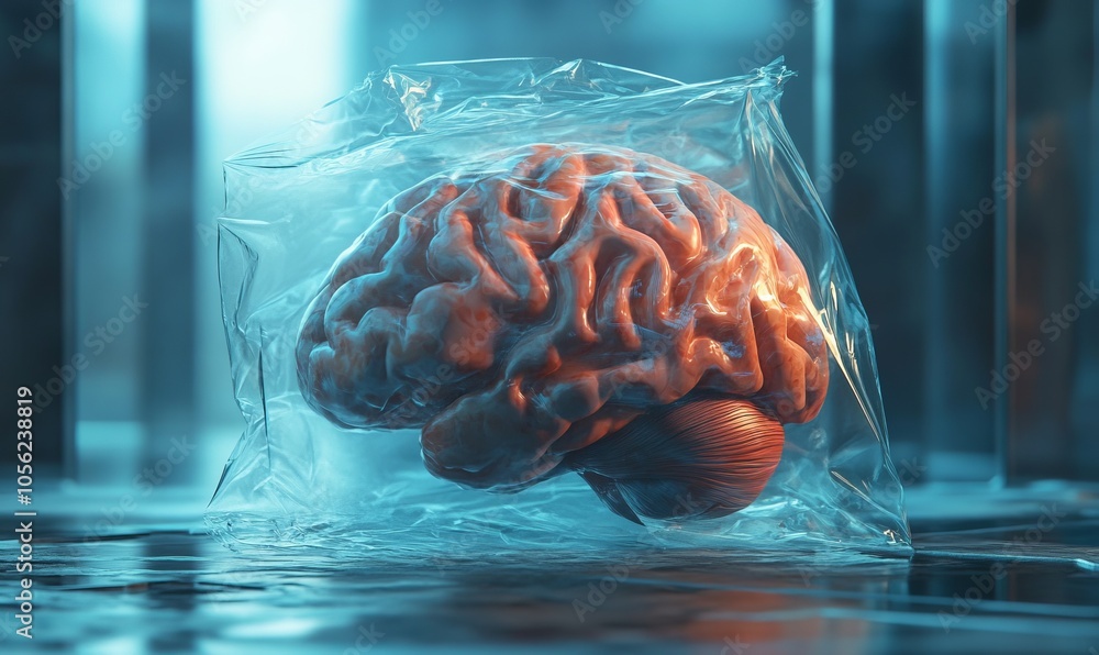 Poster a surreal image of a brain encased in a clear bag, symbolizing creativity and innovation in a modern