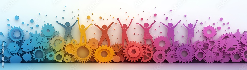 Poster A Colorful Papercut Illustration Depicting a Collaborative Group of Professionals in a Dynamic Setting
