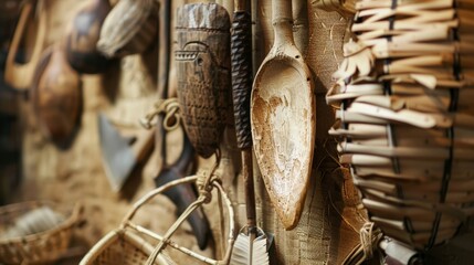 A display of traditional tools including spears axes and fishing equipment provides a glimpse into the daily lives of Indigenous communities.