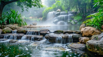 Serene waterfall cascading into tranquil pool in lush greenery, concept of nature's beauty, calmness, relaxation