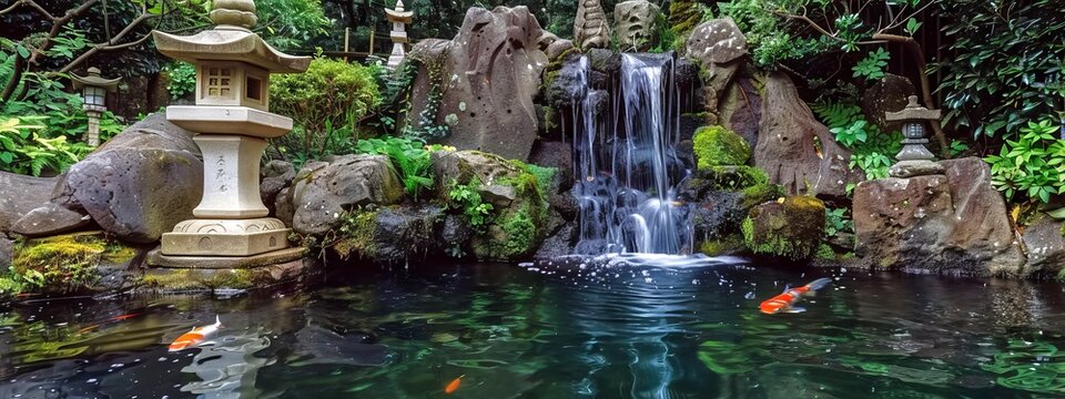 Serene japanese garden waterfall with koi pond and stone lantern - concept of tranquility, zen, nature, harmony. Banner