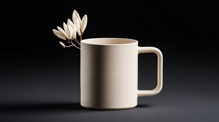A simple white porcelain mug adorned with meticulously crafted white flowers, highlighting its elegant, minimalist design