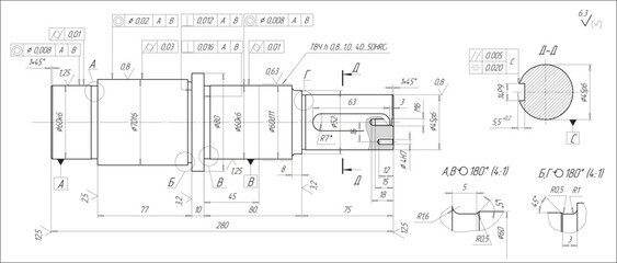 Assembly drawing of shaft of electrical reducer.
Vector design of steel mechanical device with 
dimension lines. Engineering technic computer cad scheme on 
paper sheet. Hand drawn pencil sketch.