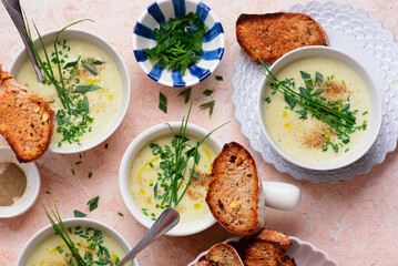 French Cream of Cauliflower Soup with Croutons.style hugge.selective focus