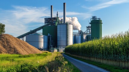A wide shot of a bioenergy plant, with large biomass storage