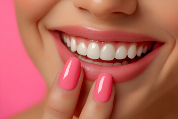 Naklejka premium A bright smile with perfect teeth and pink nails stands out against a cheerful backdrop