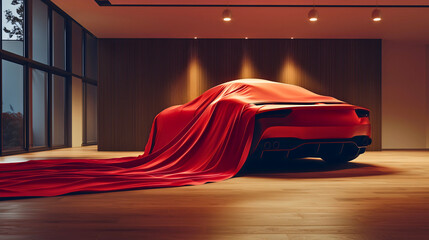 A red super sports car with plenty of horsepower, located in a showroom covered with red fabric as a surprise for the next customer.