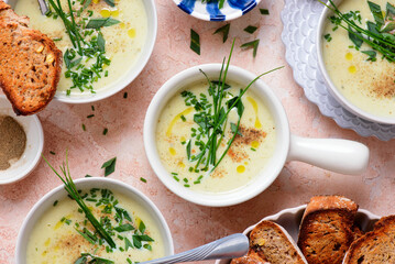 French Cream of Cauliflower Soup with Croutons.style hugge.selective focus