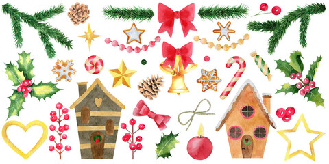 Christmas set of cute houses, christmas tree branches and holiday elements. Watercolor holiday bundle of Illustration isolated on white background.