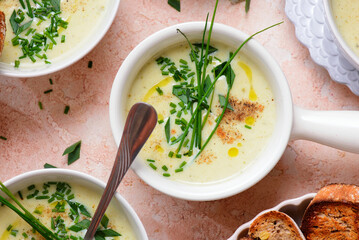 French Cream of Cauliflower Soup with Croutons.style hugge.selective focus