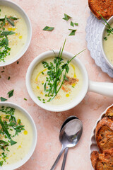French Cream of Cauliflower Soup with Croutons.style hugge.selective focus