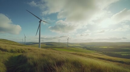 Obraz premium A wind farm with large turbines turning in the wind, set against