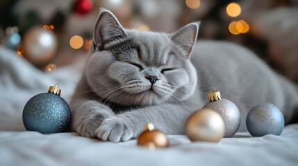 Sleeping grey cat with blue christmas ornaments on white blanket, cozy winter pet portrait for holiday cards and pet food shops