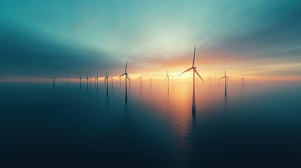 Aerial view of an offshore wind farm, with turbines standing tall