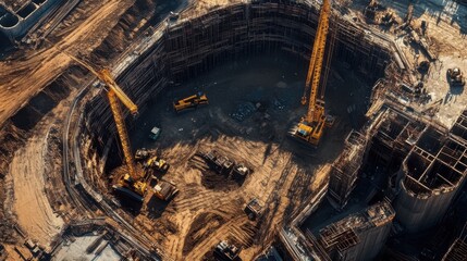 Fototapeta premium An aerial view of a massive construction site with earthmoving