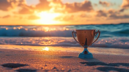 A silver trophy stands on a sandy beach at sunset, with waves lapping at the shore. The trophy represents success, achievement, and the pursuit of dreams.