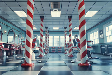 A vibrant interior of a classic barbershop featuring red and white striped poles and vintage chairs